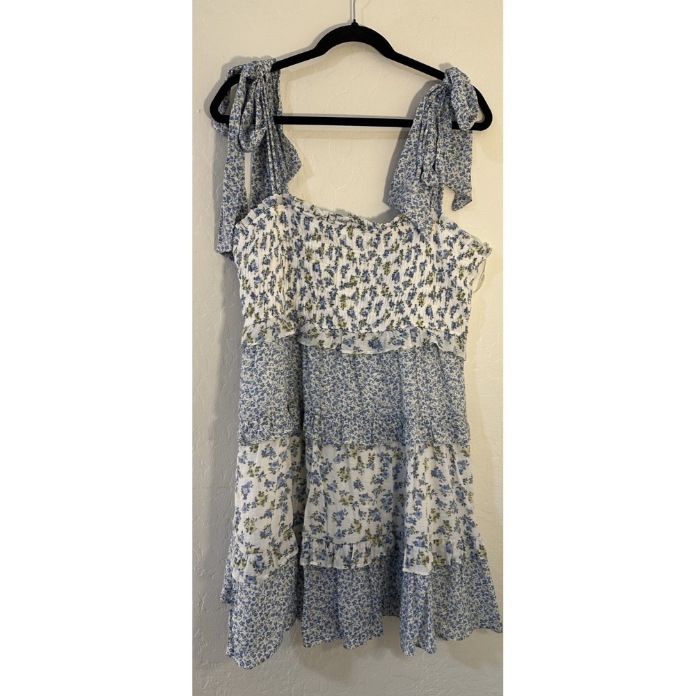 Arula Woman Floral Tiered Coquette Mini Dress Size L Tie Strap Cotttagecore Boho - Picture 4 of 14